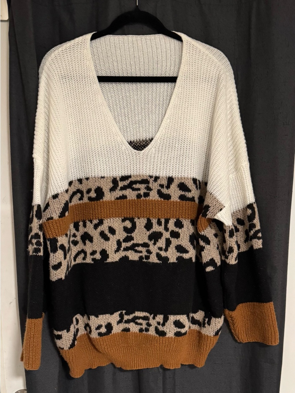 SHEIN Cream Black & Brown Leopard-Stripe V-Neck Sweater